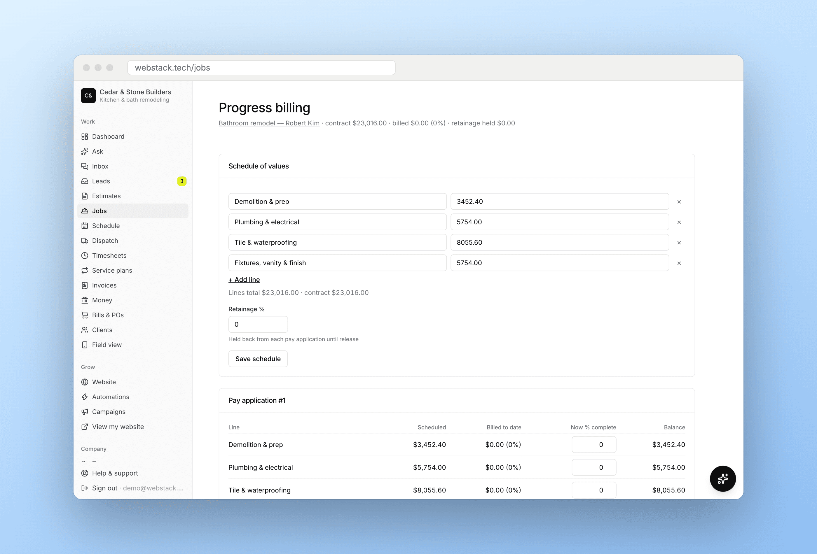 Progress billing with a schedule of values, retainage and lien waivers