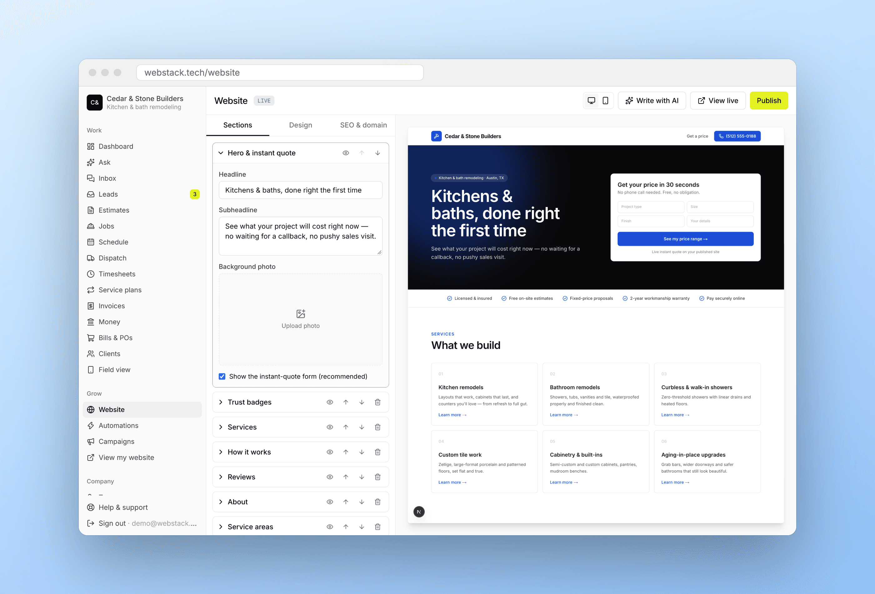 The Webstack website editor with live preview