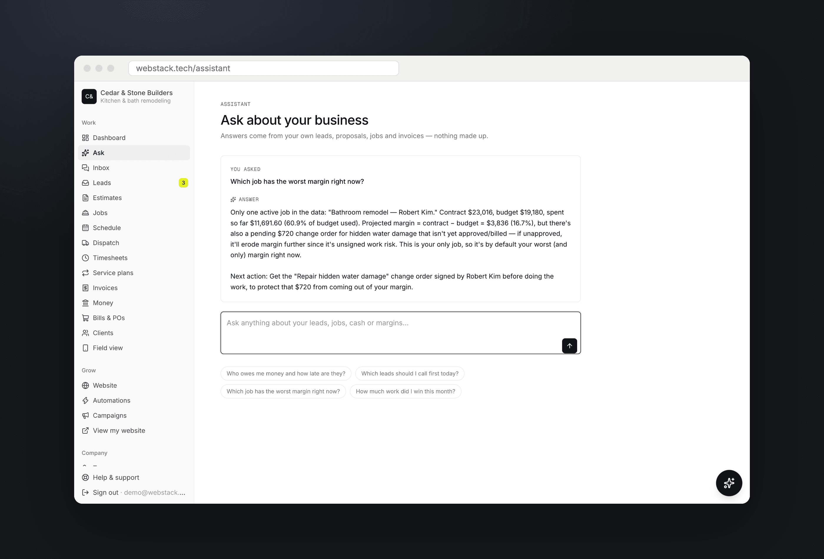 The Jarvis assistant panel open over the dashboard