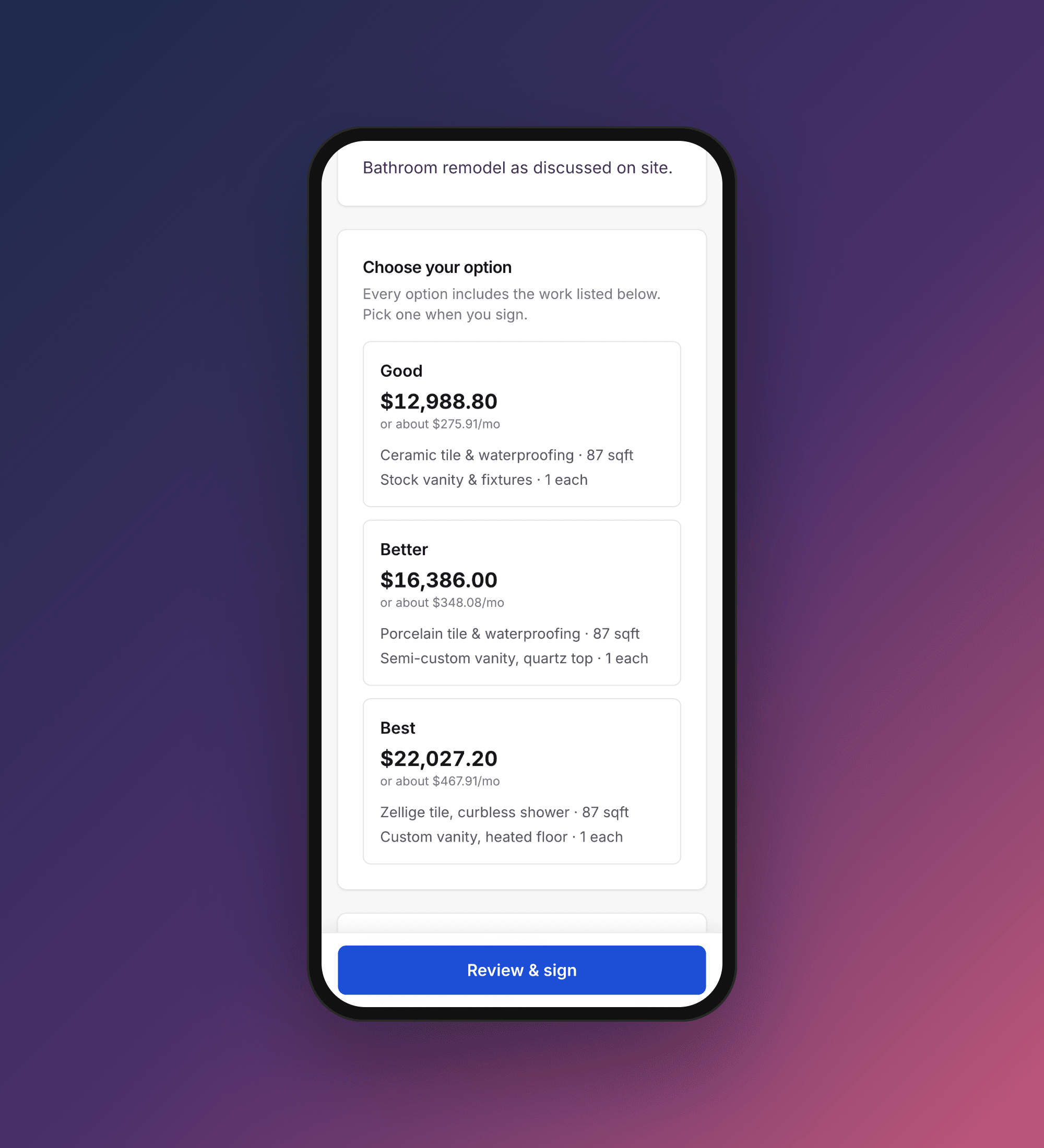 A proposal on a phone with good, better and best options