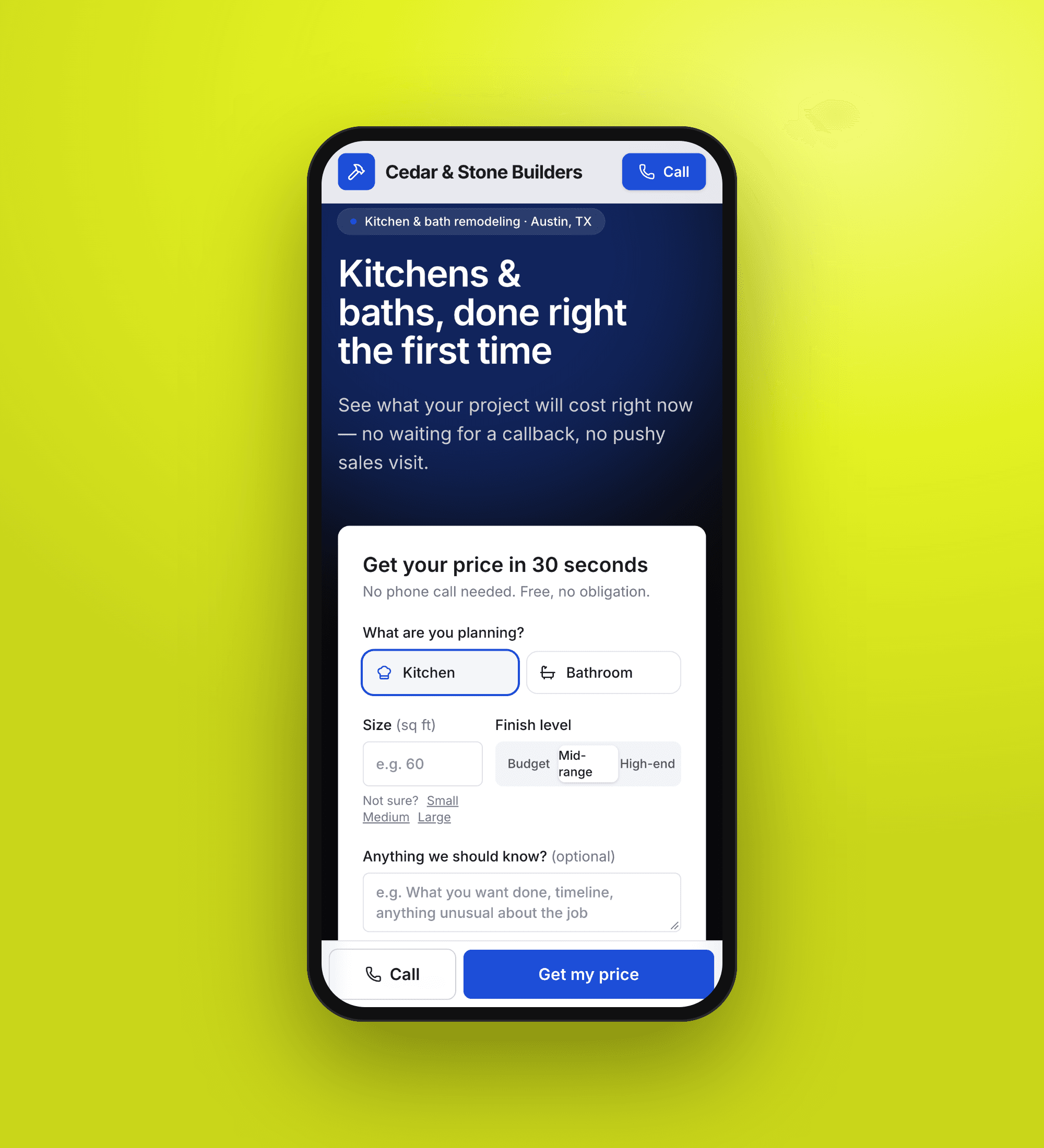 A contractor's website on a phone showing the instant price form